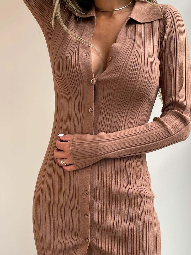 Sweet Toffee Long Sleeve Button Dress